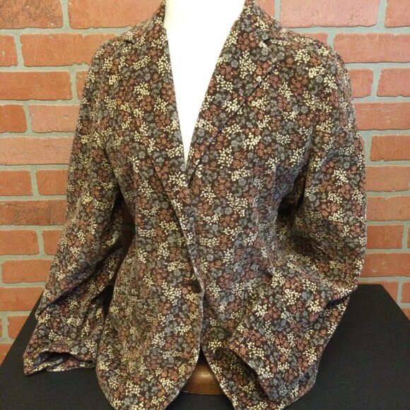 L L Bean Womens Corduroy Blazer Size 12 R Floral Print pockets button front - Picture 3 of 6